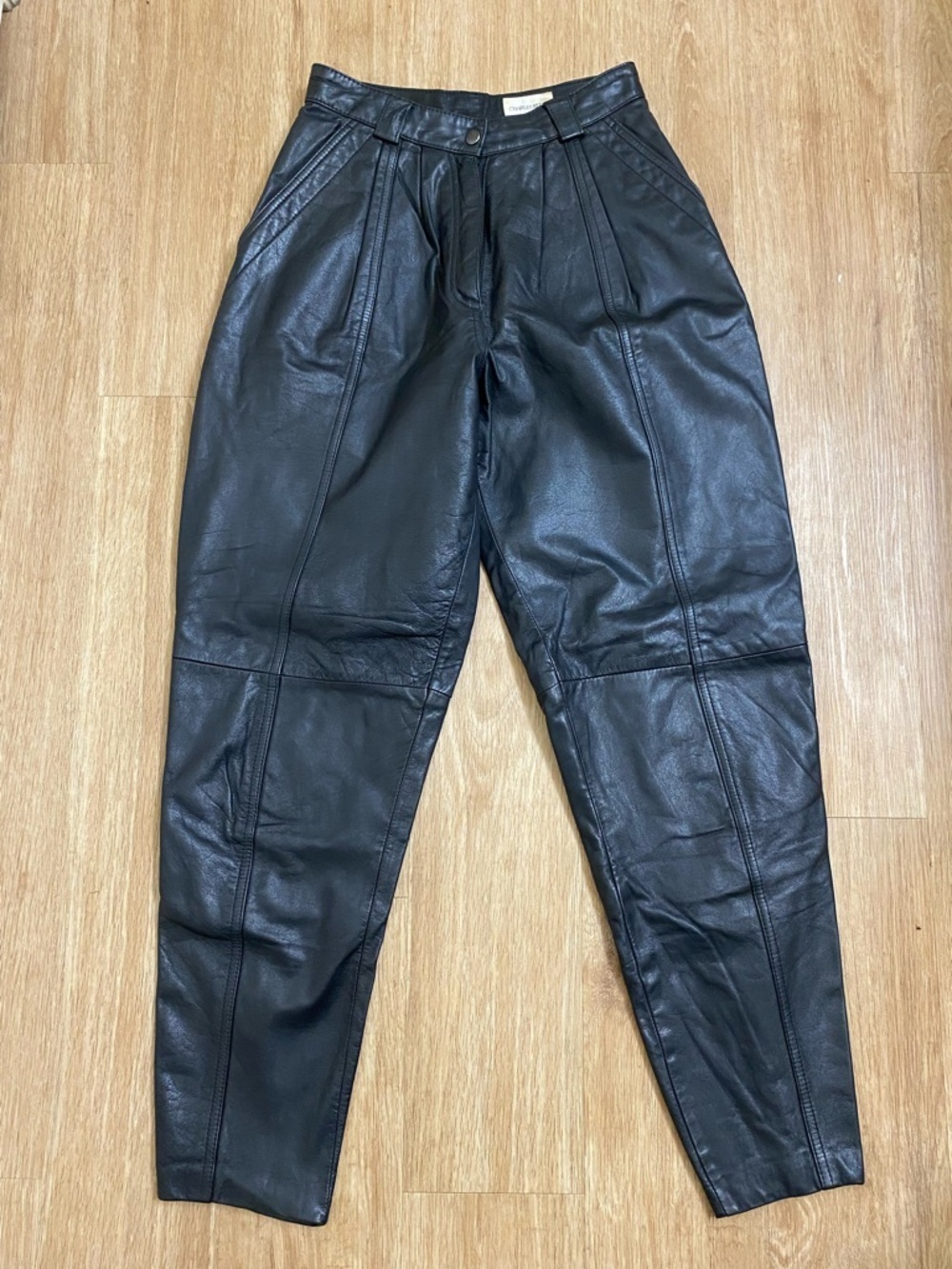 High-Rise Black Leather Tapered Pants